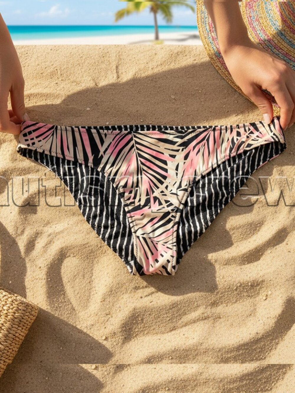 2/$20 💥🆕 Shorely Tropical Palm Print Black/Pink Cheeky Bikini | Large | 3411